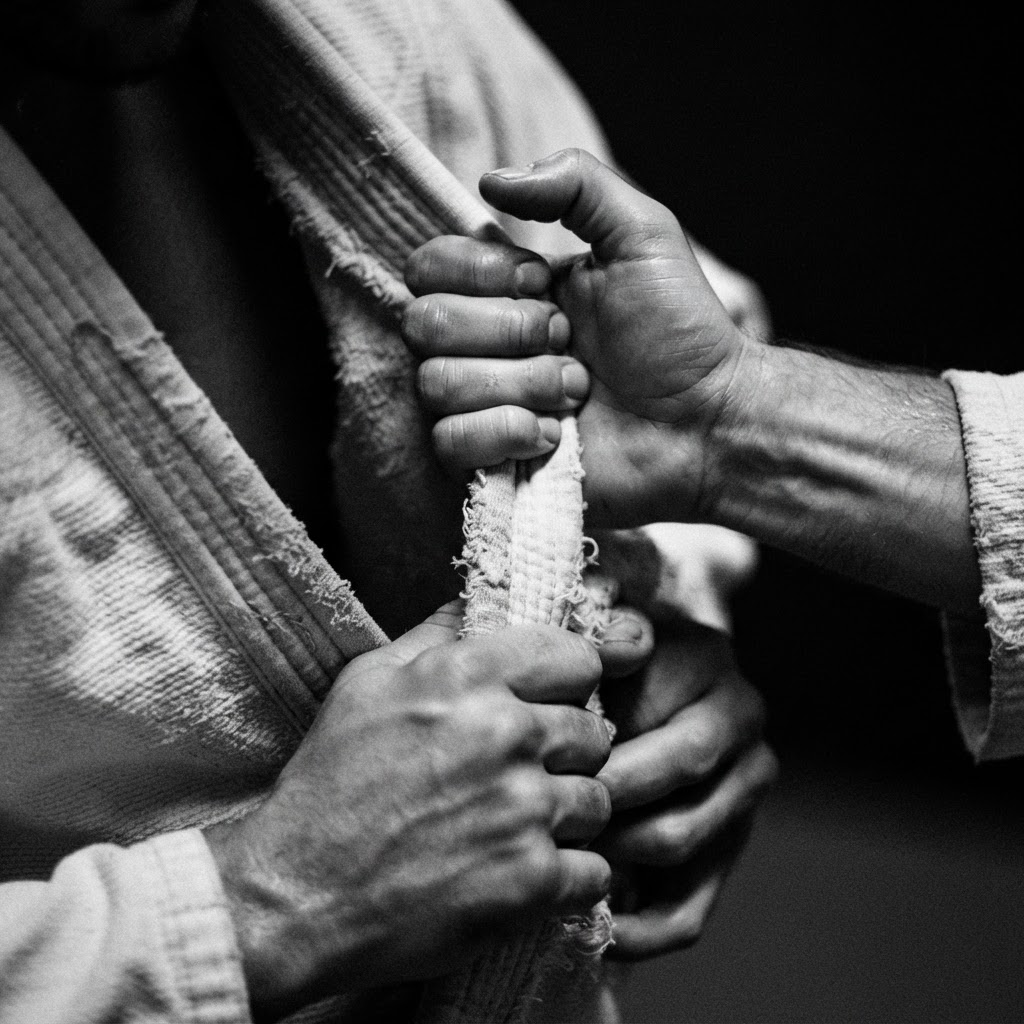 Detalle de agarre sobre el gi durante un entrenamiento de jiu-jitsu
